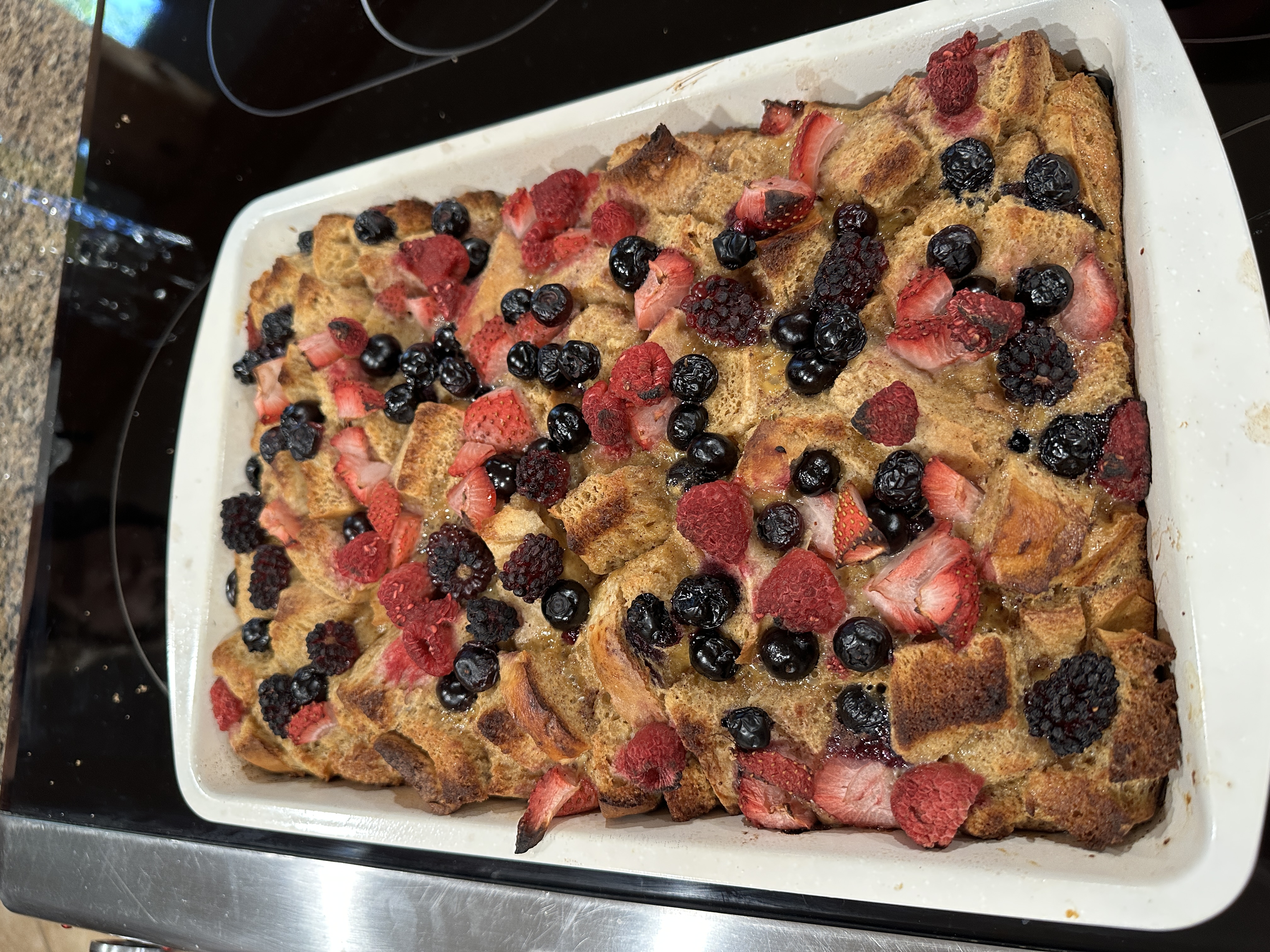 Freshly baked mixed berry French toast